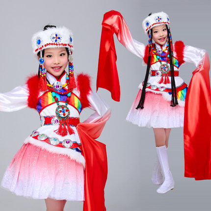 藏族民族舞蹈服装,儿童民族演出服,少数民族儿童服装定制