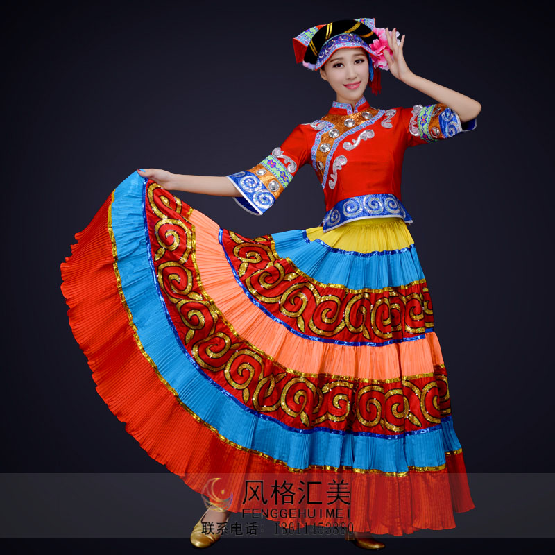 少数民族舞蹈演出服装彝族民族舞蹈表演服装定制,大型舞台演出服装民族舞蹈服装定制