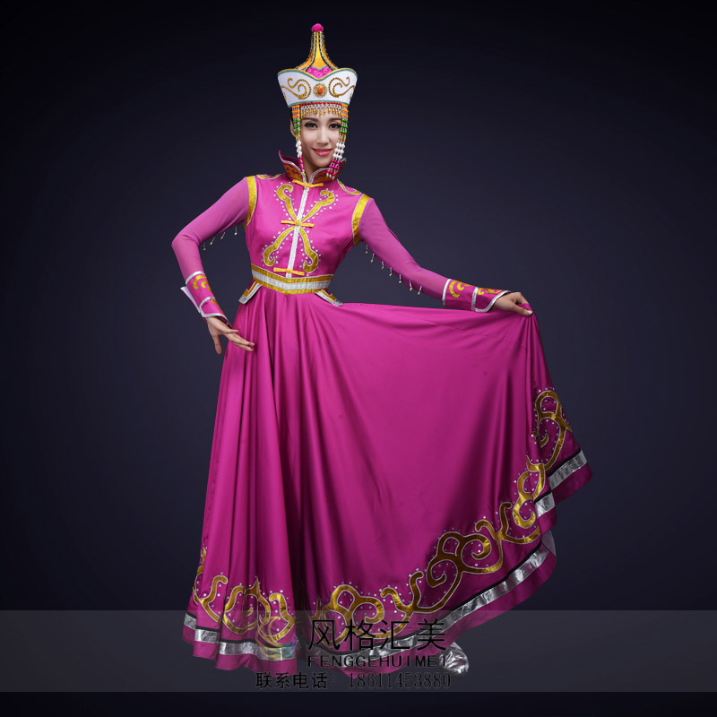 少数民族舞蹈演出服装内蒙古成人舞蹈演出长裙,大型舞台演出服装蒙古族紫色舞台表演服装定制