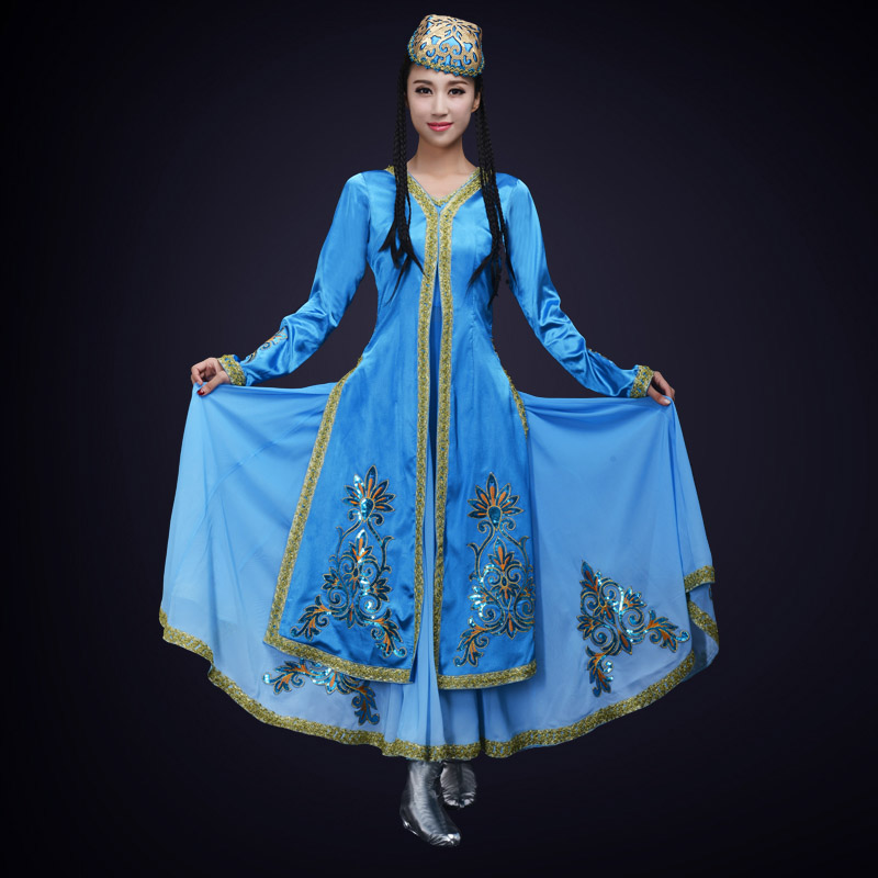 民族舞蹈比赛演出服装蓝色经典新疆民族舞蹈服女款长裙新疆服装定制
