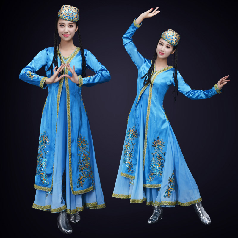 晚会舞蹈演出服装民族舞蹈节目新疆蓝色舞蹈服装女款舞台演出服装定制