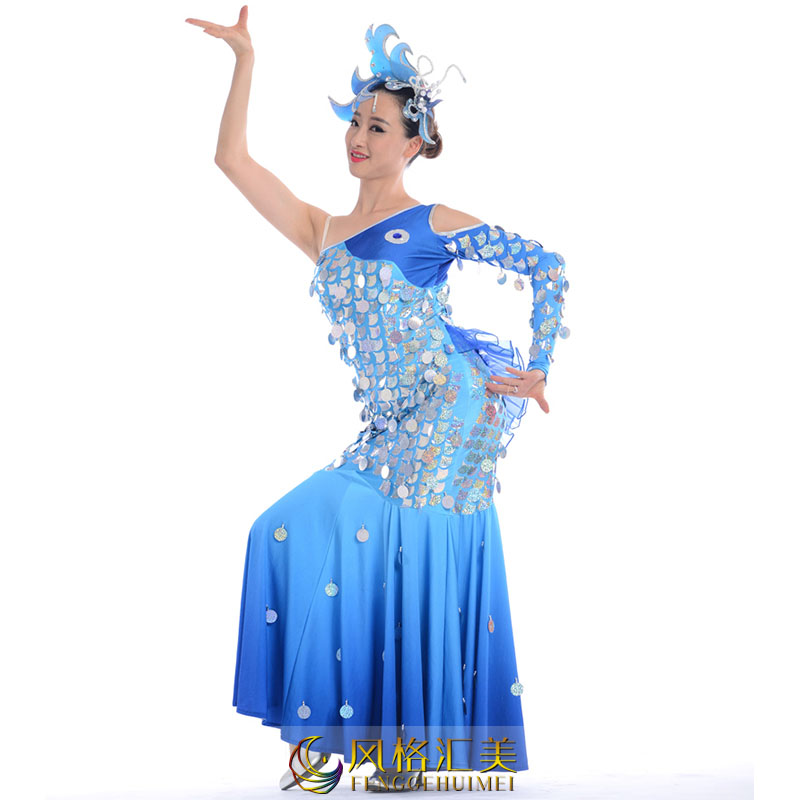 舞台演出服装民族舞蹈服装孔雀舞蓝色舞蹈服定制