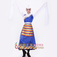 民族舞台服装女 藏族舞蹈演出服装 藏族蓝色舞台舞蹈服装 可定做