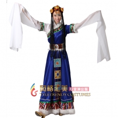 北京女士藏族舞蹈服水袖服 民族舞台演出服 蓝色西藏表演服装