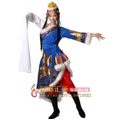 风格汇美正品 藏族舞演出服 舞台表演服 蓝色民族舞蹈服定制