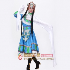 售藏族民族服装女 新款蓝色舞蹈服 水袖演出服舞台表演服