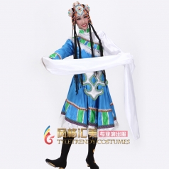 售藏族民族服装女 新款蓝色舞蹈服 水袖演出服舞台表演服