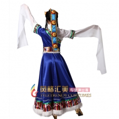 北京女士藏族舞蹈服水袖服 民族舞台演出服 蓝色西藏表演服装