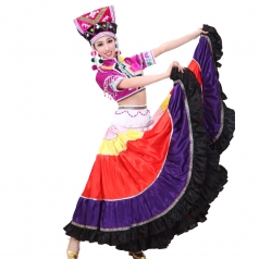 新款紫色彝族舞蹈大摆裙 开场舞演出服装 舞台大舞裙服装