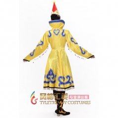 蒙古族演出服装 黄色舞蹈服饰 长款大裙摆女士蒙古袍定制