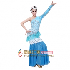 北京蓝色亮片傣族舞蹈服 女鱼尾舞蹈演出服 傣族表演服可定制