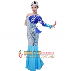 北京傣族年年有余单肩舞蹈演出服 女士舞台表演少数民族服装