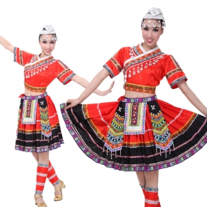 大红色苗族服装 少数民族舞蹈演出服装 苗族舞蹈女可定制