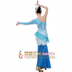 北京蓝色亮片傣族舞蹈服 女鱼尾舞蹈演出服 傣族表演服可定制