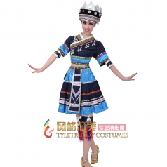 苗族民族舞蹈演出服装 蓝色舞蹈演出服 秧歌表演服女装可定制