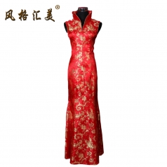 风格汇美 新款无袖红色印花长款复古旗袍裙 大上海旗袍 中式婚纱