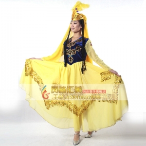 新款新疆舞蹈裙女装维族舞蹈演出服装民族服装V领亮片裙子