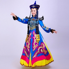 民族舞台服装女蒙古舞蹈演出服装 蒙古宝蓝色舞台舞蹈服装 可定做