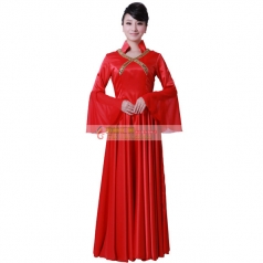 女式大红色长袖合唱服装中式长款合唱服装定做