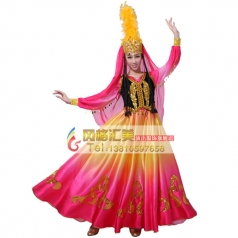女士新疆舞蹈演出服玫粉色 维吾尔族表演服 民族舞蹈服装