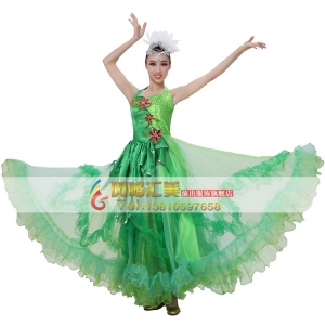 风格汇美绿色伴舞服 女士开场舞台现代演出服 表演舞蹈大摆裙