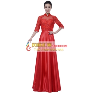 风格汇美新款女士指挥服装中老年大合唱演出服装红色蕾丝合唱服装