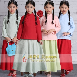 新款中国风儿童古装民国小姐装女童红色小凤仙演出服