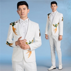 新款男士白色合唱服装成人凤凰刺绣西装主持人西装定制