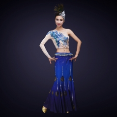 新款少数民族舞蹈服装傣族舞台演出服装蓝色孔雀舞塑身舞蹈服装定制！