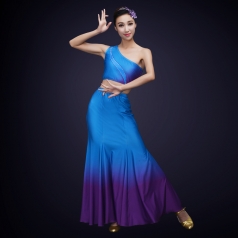 舞蹈演出服装定制新款傣族演出服装蓝色塑身民族舞蹈服定制！