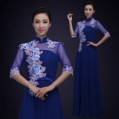 女士合唱演出礼服定制蓝色中国风大学生合唱比赛演出服装定制！
