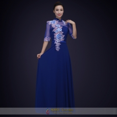 女士合唱演出礼服定制蓝色中国风大学生合唱比赛演出服装定制！