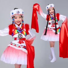 儿童藏族舞蹈演出服装红色女童民族舞蹈演出服装定制厂家！