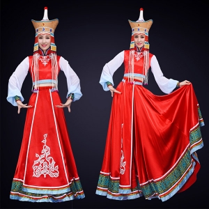 新款蒙古舞蹈演出服装红色大摆裙舞蹈演出服装定制！