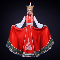 新款蒙古舞蹈演出服装红色大摆裙舞蹈演出服装定制！