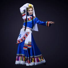 蓝色新款舞台演出服装成人藏族舞蹈演出服装定制！