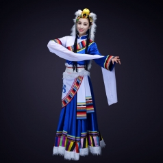 蓝色新款舞台演出服装成人藏族舞蹈演出服装定制！