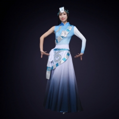 舞台演出服装民族舞蹈表演服装浅蓝色藏族舞蹈演出服装定制!