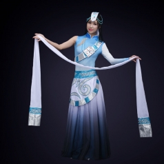 舞台演出服装民族舞蹈表演服装浅蓝色藏族舞蹈演出服装定制!
