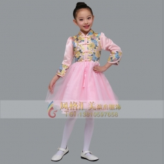 儿童中式合唱演出服装粉红色女童蓬蓬裙合唱比赛服装定制款式